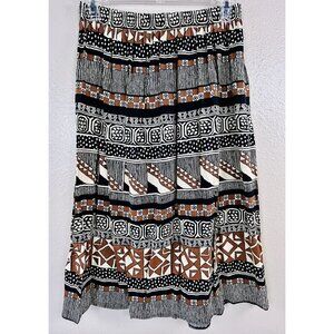 Vintage Elastic Waist Midi Brown Black Geometric Gypsy Boho Rayon Skirt M 12/14